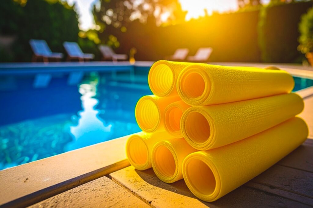 Bright yellow pool noodles stacked beside a sparkling backyard swimming pool at sunset.