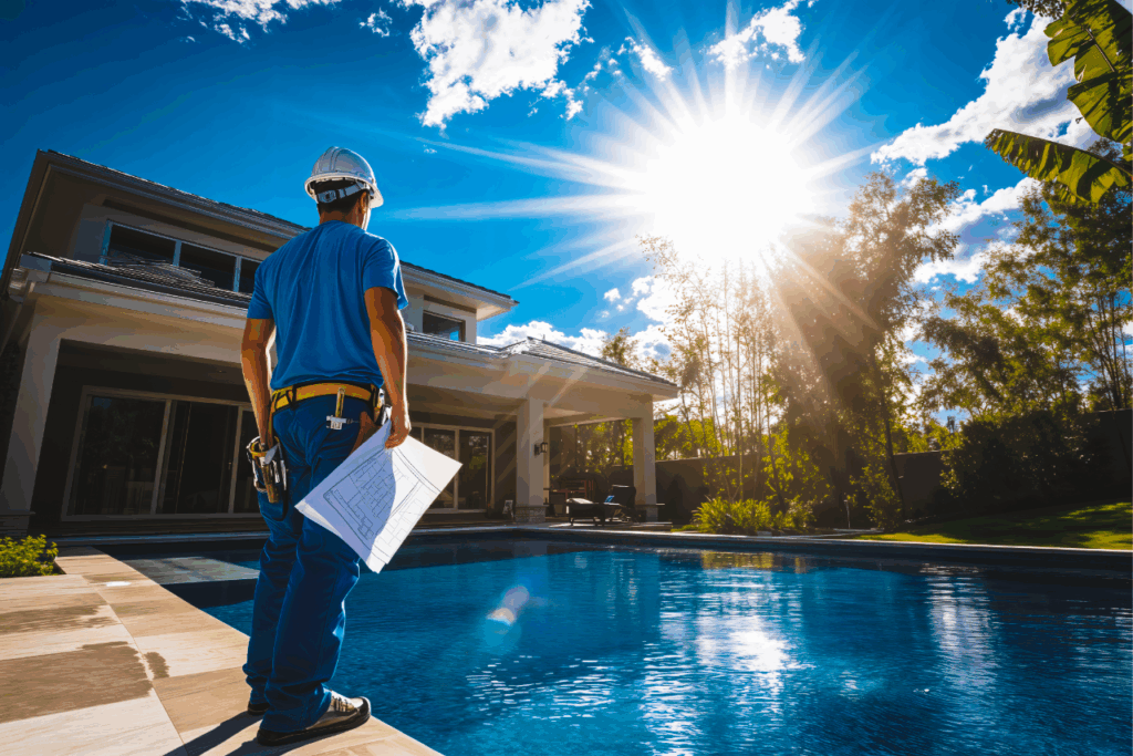 Pool contractor holding blueprints while standing beside a backyard swimming pool on a sunny day.