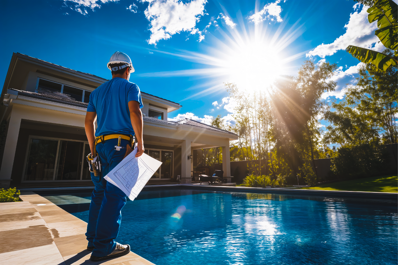 Pool contractor holding blueprints while standing beside a backyard swimming pool on a sunny day.
