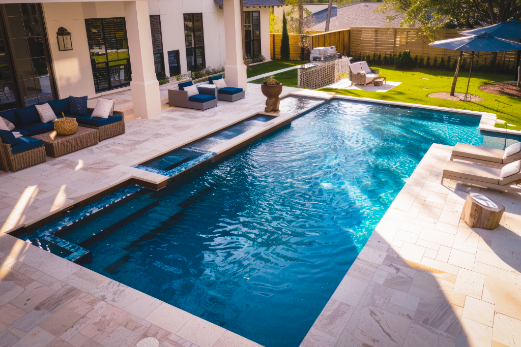 Modern backyard pool with elegant stone patio, lounge chairs, and outdoor seating area.