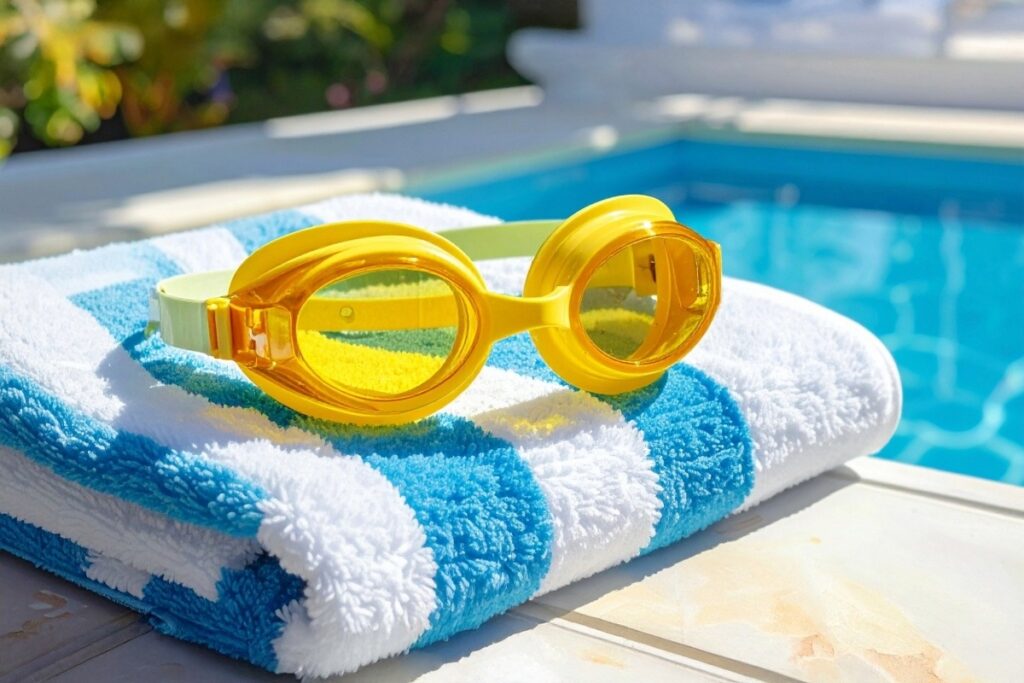 Yellow swim goggles resting on a blue and white striped towel beside a clear swimming pool.