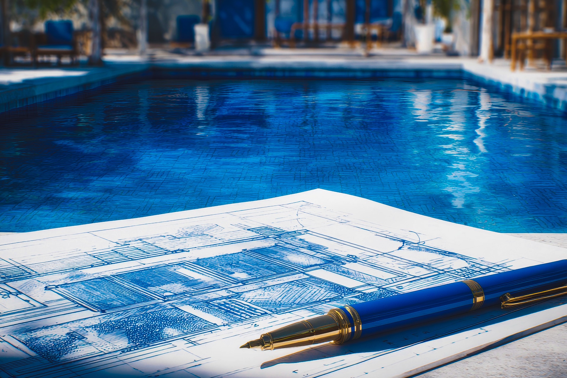 Blueprint and fountain pen resting on a poolside ledge with a sparkling blue swimming pool in the background.
