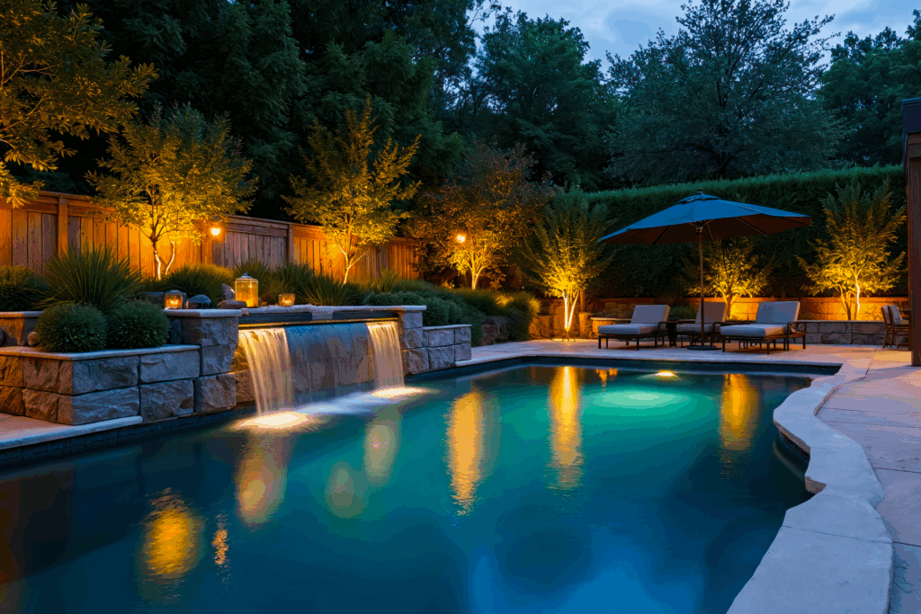 Luxury backyard pool at dusk featuring glowing landscape lighting, cascading waterfall, and lounge seating under a large umbrella.