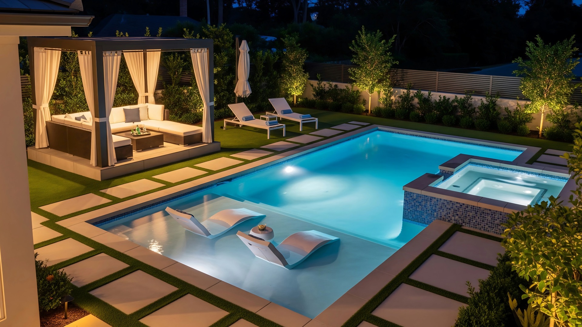 Modern backyard pool with built-in spa, lounge chairs, and cabana seating illuminated at dusk.