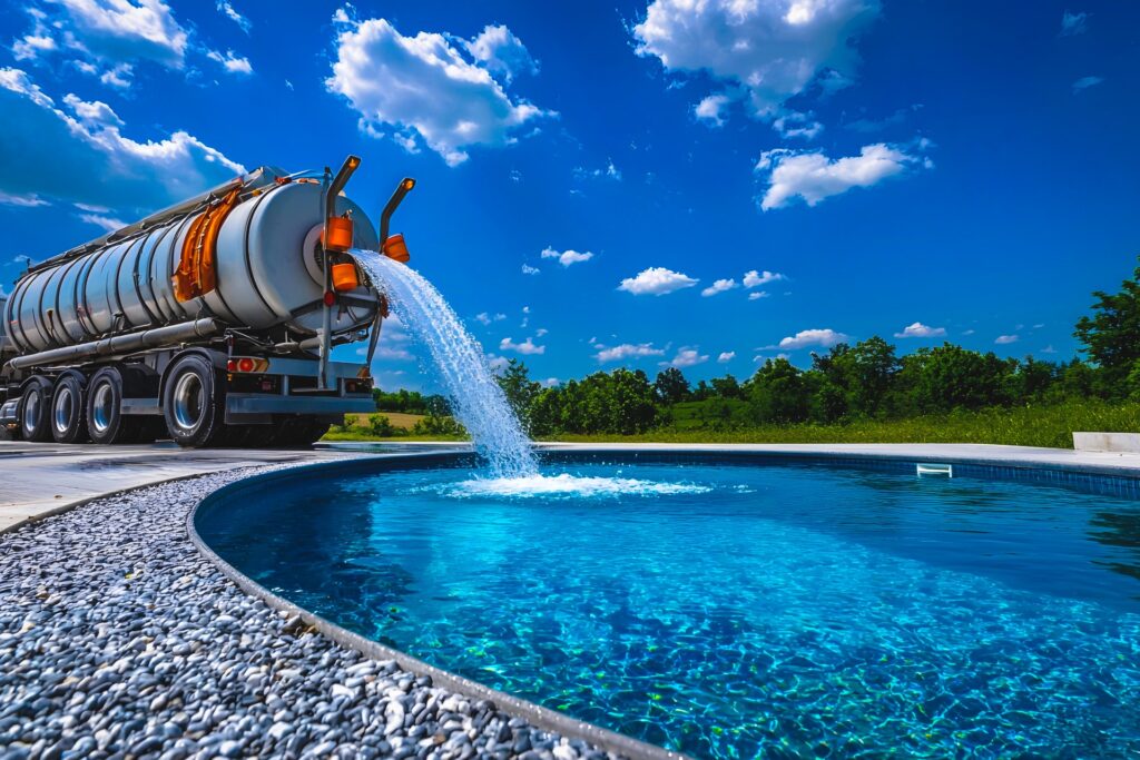 Water delivery truck filling a backyard swimming pool under a bright blue sky.