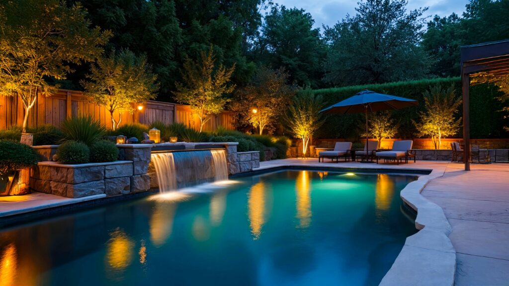 Evening view of a custom-designed backyard pool with a waterfall feature, glowing landscape lighting, and modern lounge seating.