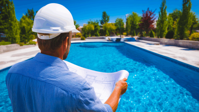 Contractor reviewing pool construction blueprints beside a newly built inground swimming pool on a sunny day.